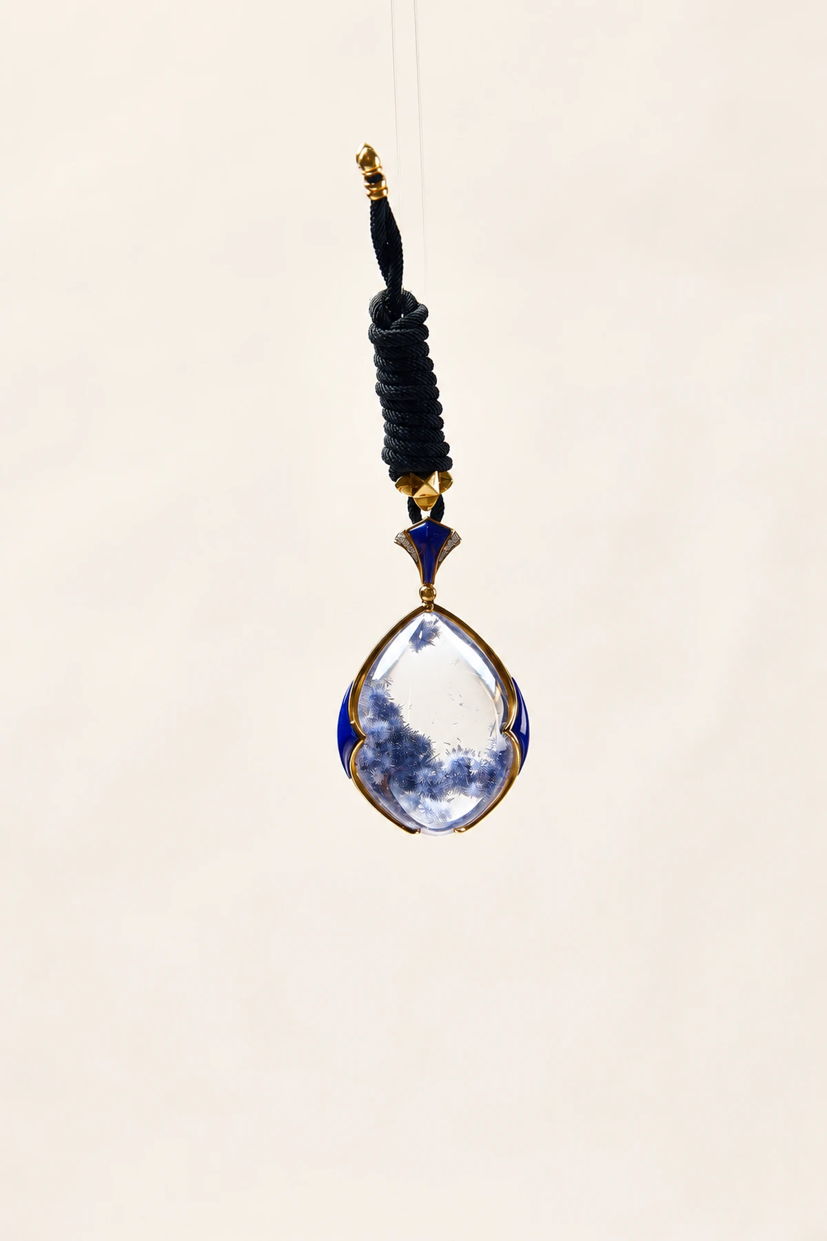 Blue-inclusion pendant suspended from a dark braided cord